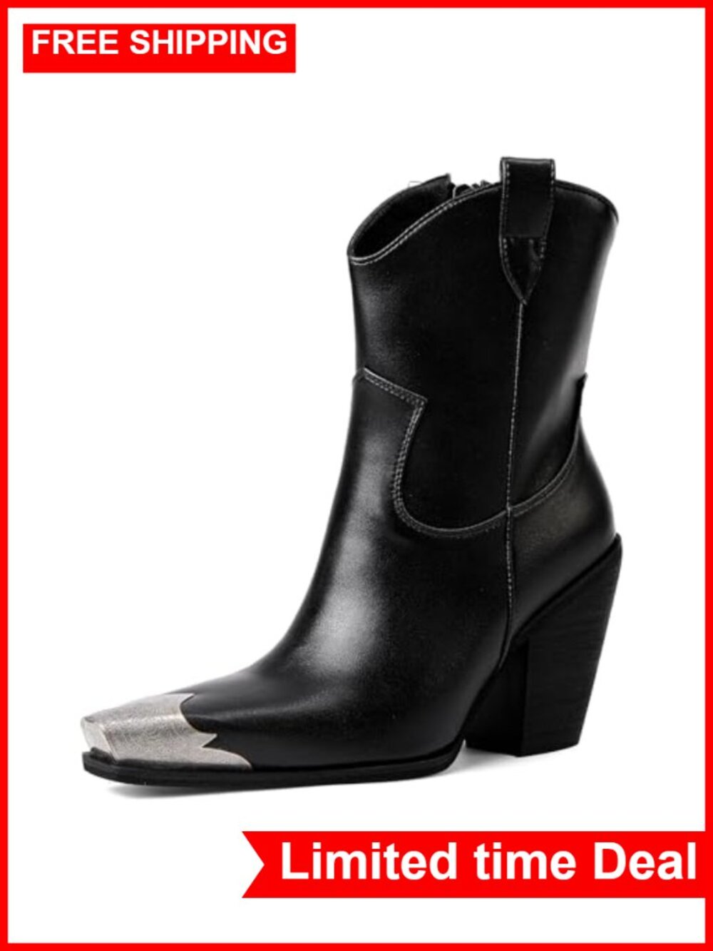 Engraved Steel Toe Cowboy Ankle Boots Stacked Block Heels Western Booties
